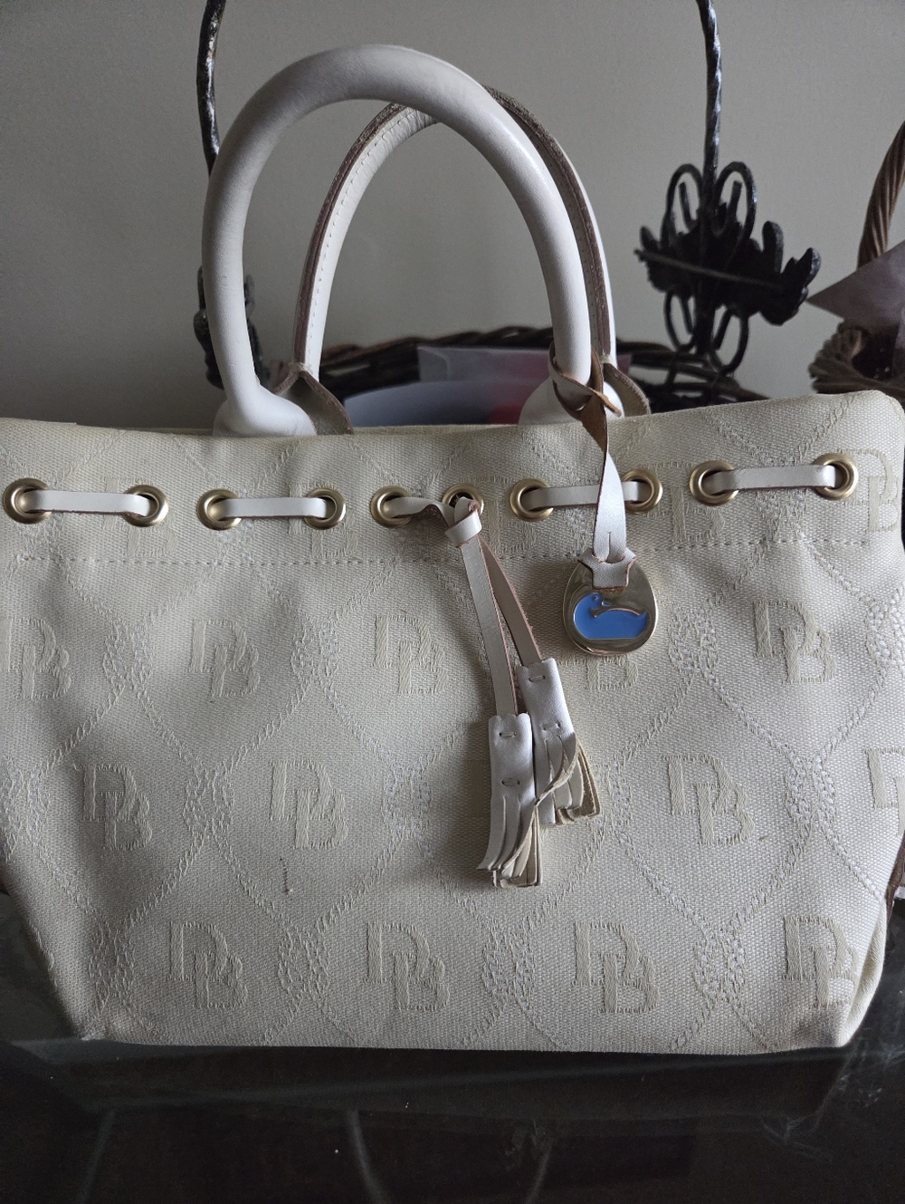 Dooney & Bourke Cream Tote Bag with Gold Hardware Charm & Tassel Excellent
